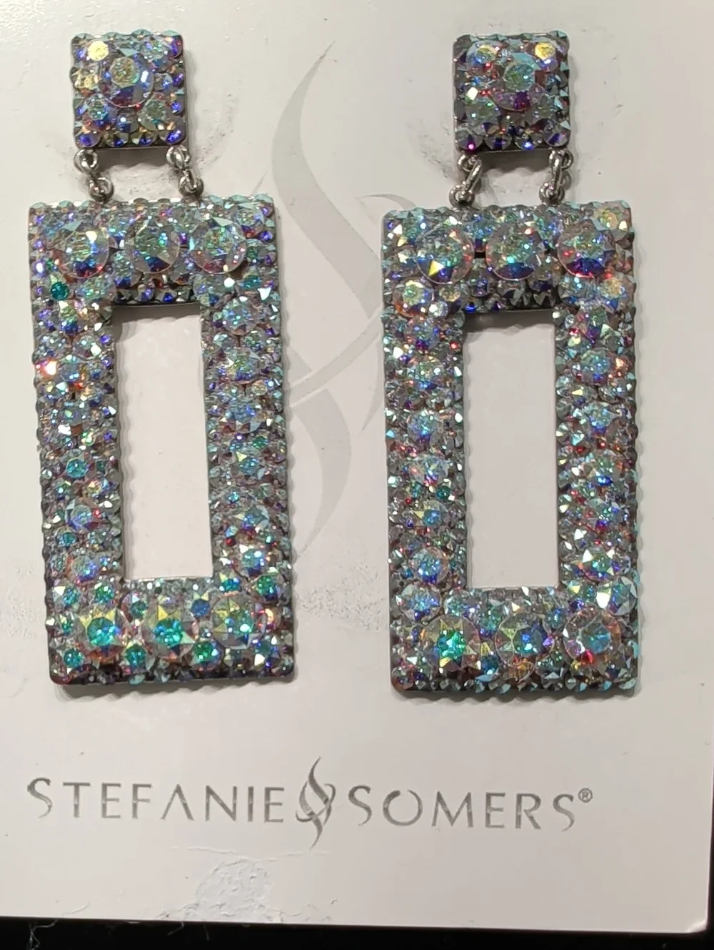 Aurora Crystal Rectangle Drop Earrings - Silver